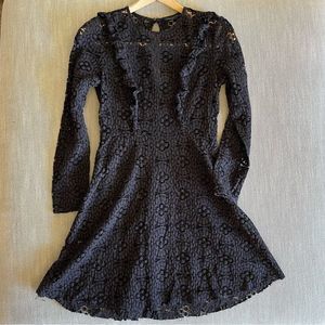 Zara broderie anglaise black textured ruffles crotchet fit flare mini dress sz S